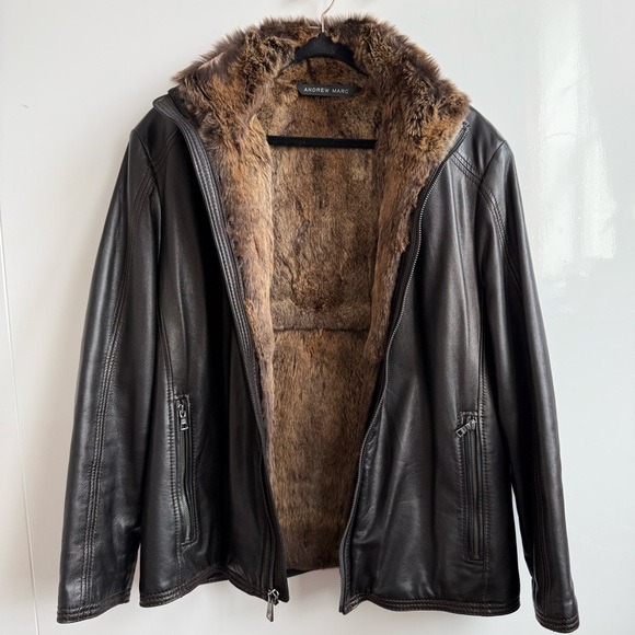 Andrew Marc VTG Black Leather Jacket with Removable Rabbit Fur Vest Lining - Picture 4 of 17